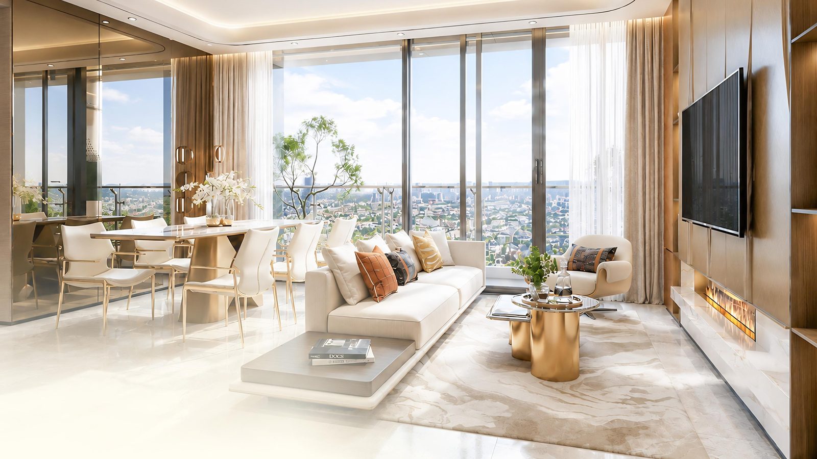 Phòng khách thông phòng ăn căn hộ Gladia Heights cửa kính lớn