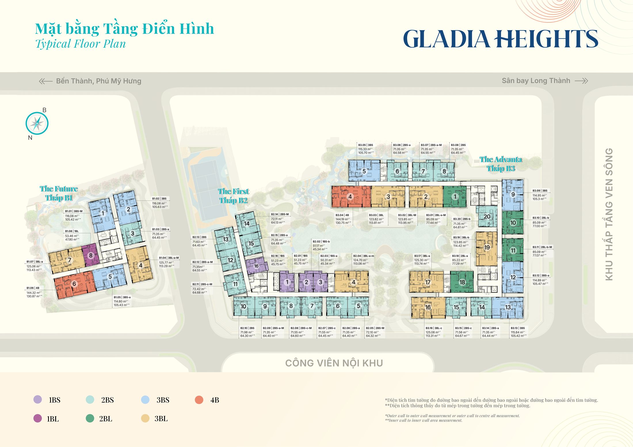 Mặt bằng tầng điển hình Gladia Heights — 3 tháp B1 B2 B3 kèm diện tích tim tường từng căn 1PN 2PN 3PN