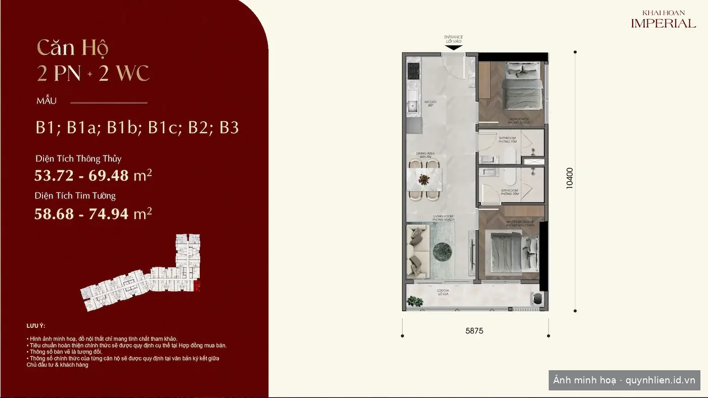 Layout căn hộ 2 phòng ngủ 2 WC Khải Hoàn Imperial